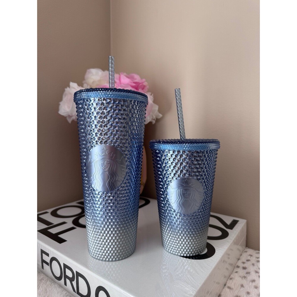 NWT 2023 Starbucks Gradient Blue/Silver Icicle Studded Bling Venti & Grande Set